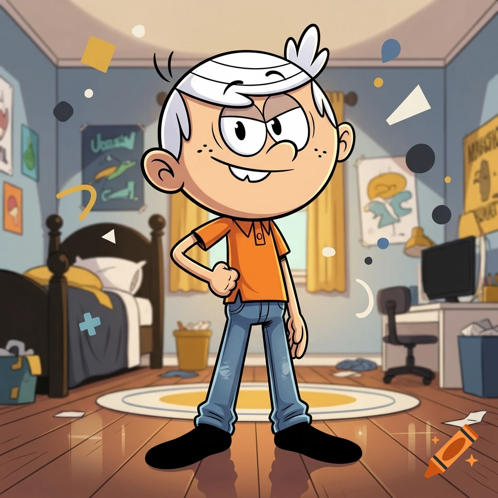 Cartoon illustration of a character resembling Lincoln Loud standing in a messy bedroom wearing an orange polo and blue jeans.