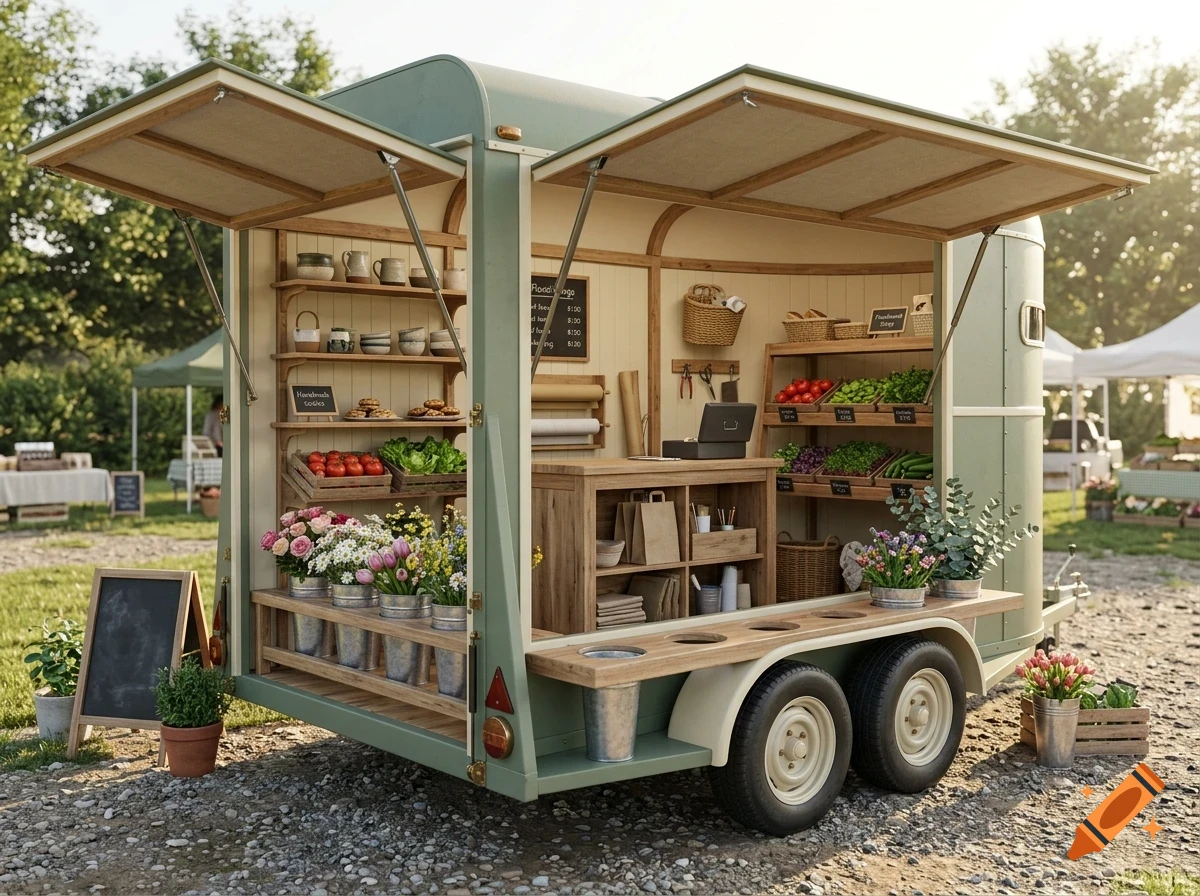 A pastel green mobile market trailer set up outdoors, displaying fresh produce, flowers, and handmade goods on wooden shelves and counters.