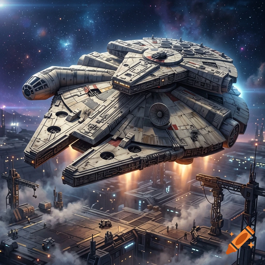 A detailed double-decker version of the Millennium Falcon spaceship hovering over a sci-fi industrial platform in space, photorealistic style.