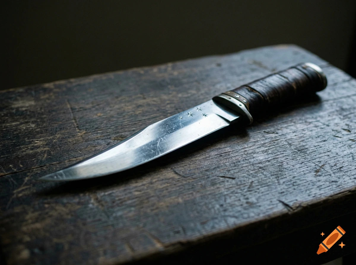 A close-up photorealistic shot of a Bowie knife with star engravings on the blade, resting on a dark wooden textured surface.