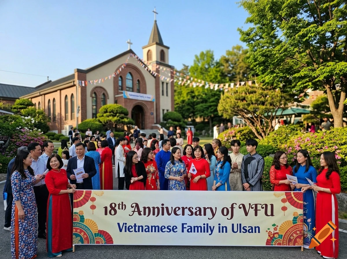 A large group of people gathered outside a church holding a banner celebrating the 18th anniversary of the Vietnamese Family in Ulsan.