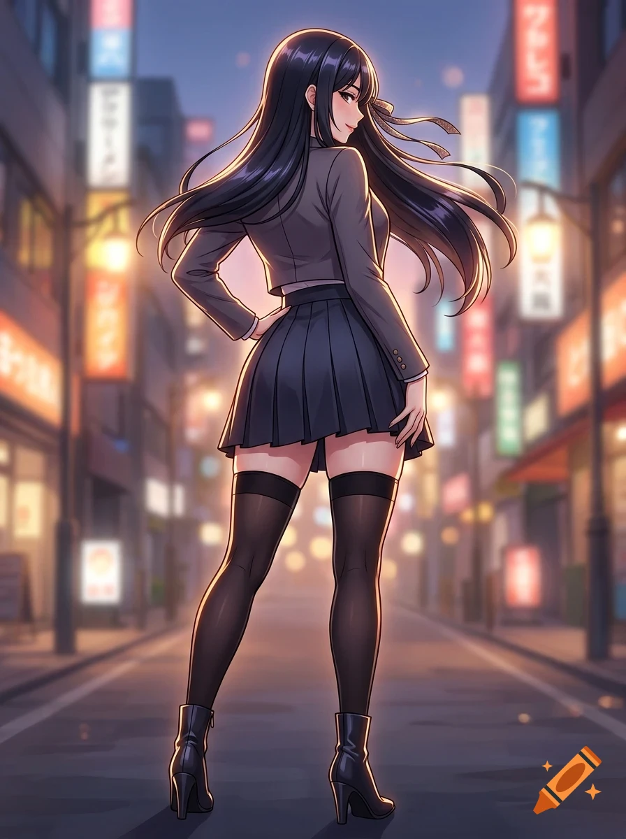 An anime-style illustration of a long-haired girl standing on a city street at night, viewed from behind.