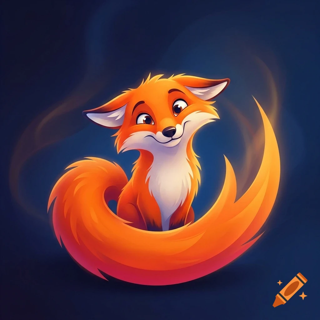 A friendly cartoon fox with a large, glowing orange tail sitting against a dark blue background.