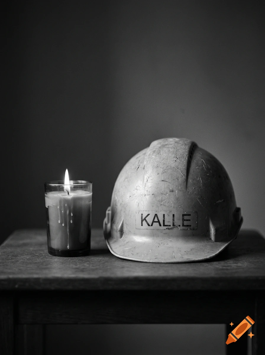 Black and white photograph of a lit candle in a glass and a worn hardhat with the text KALLE on a wooden table.