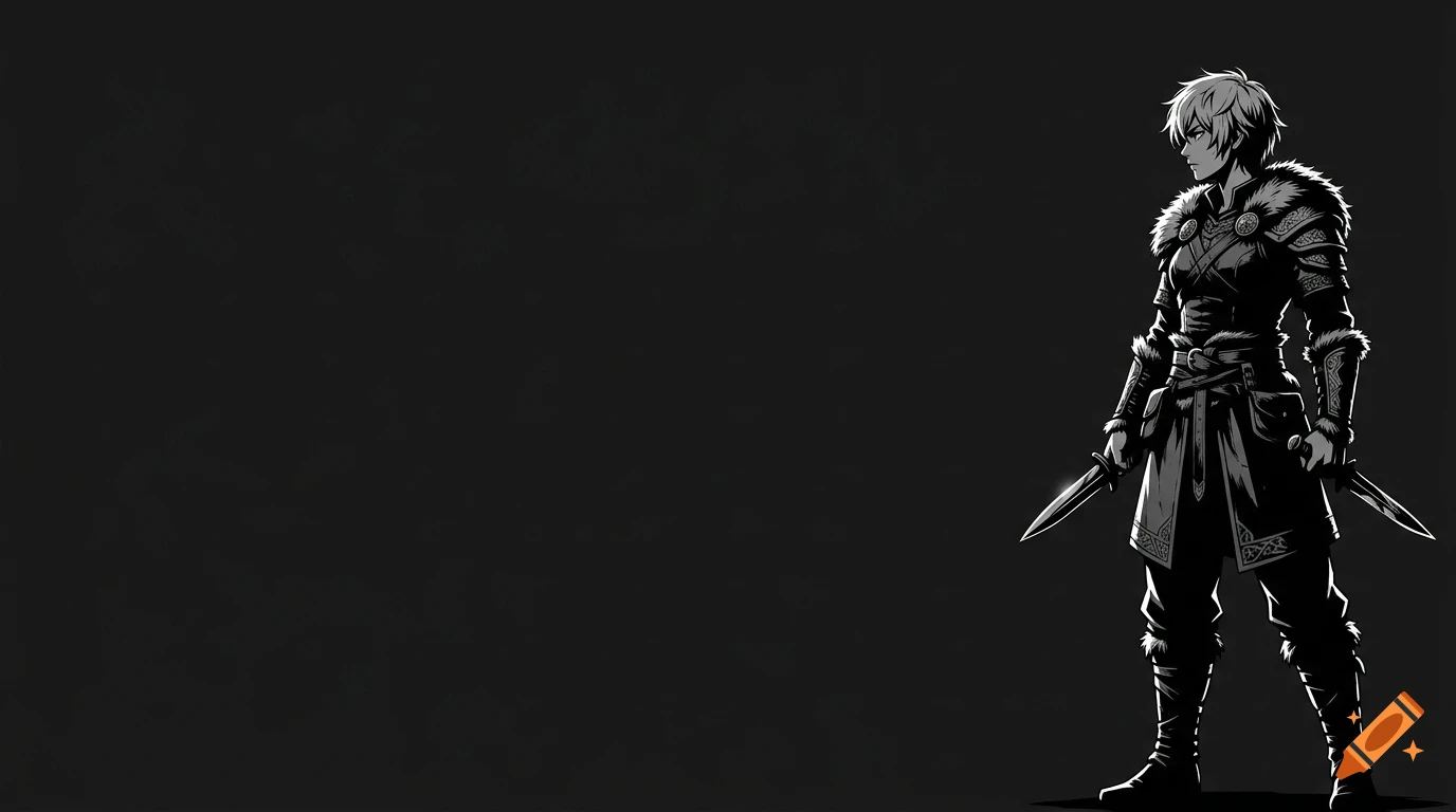 A black and white digital illustration of a warrior character holding two daggers against a dark background.
