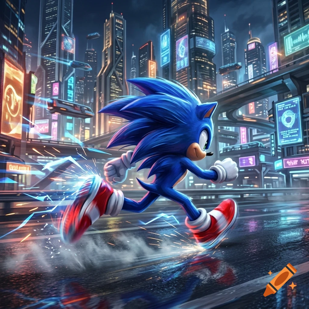 Sonic the Hedgehog running fast through a futuristic city at night.