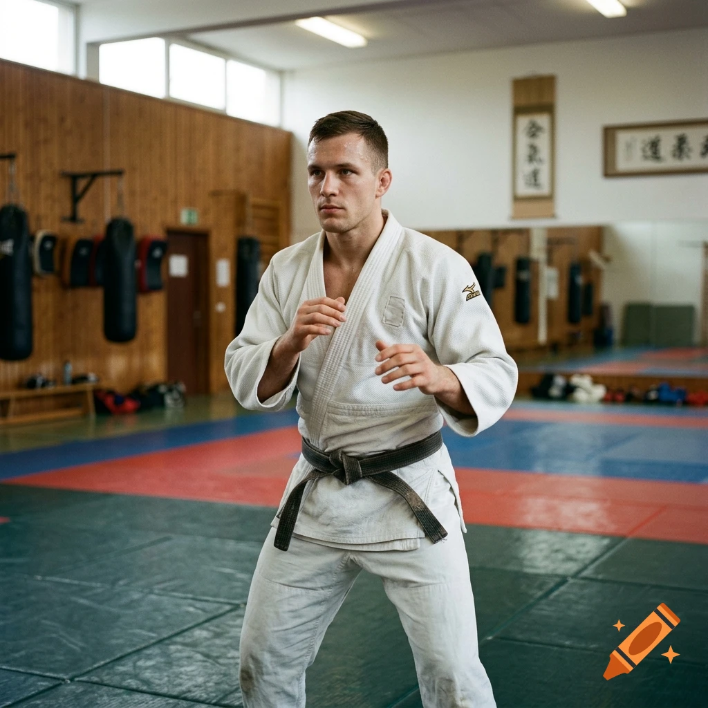 A martial artist wearing a white gi and a dark belt stands in a dojo.
