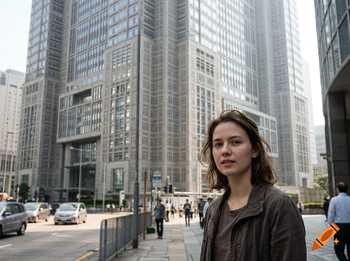 Photorealistic image of a young woman standing on a city street in front of a massive skyscraper.
