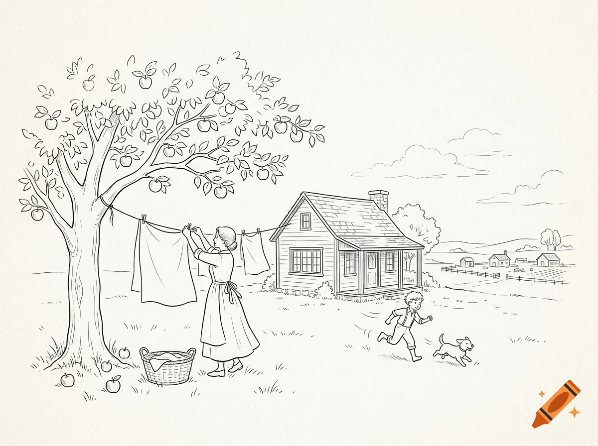 Simple line art drawing of a mother hanging laundry by an apple tree near a cottage, with a boy and dog running in the grass.