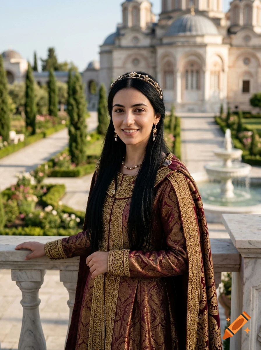 Portrait of a smiling woman in historical or fantasy attire with ornate gold embroidery, standing on a terrace with a classical building and gardens in the background.