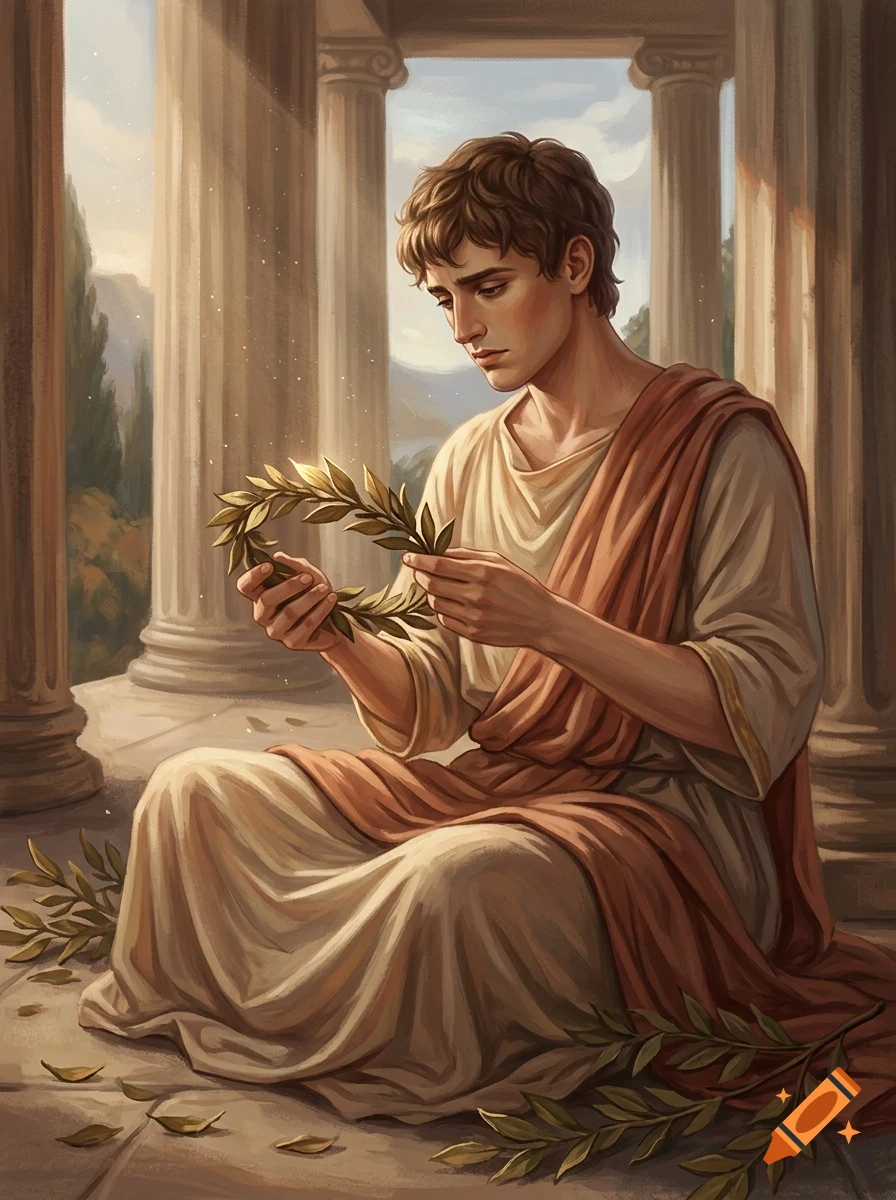 A young man in ancient-style robes sitting in a classical temple, holding a laurel wreath.