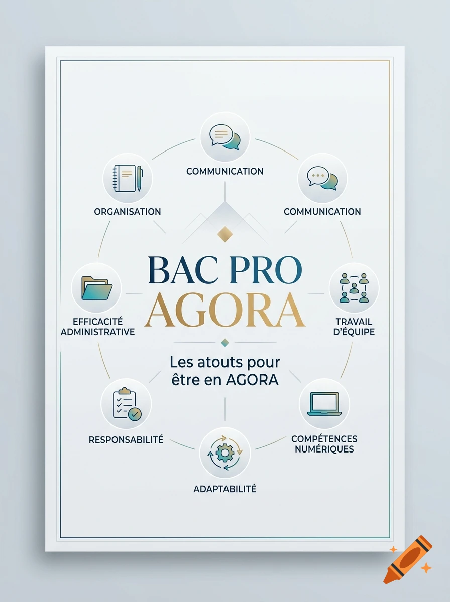 A poster design with the title Bac Pro Agora and various icons representing skills like communication, organization, and teamwork.