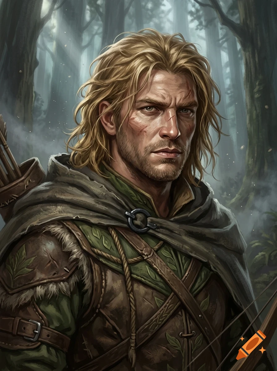 Portrait of a blonde male fantasy archer in a forest wearing leather armor and a cloak with a quiver of arrows.