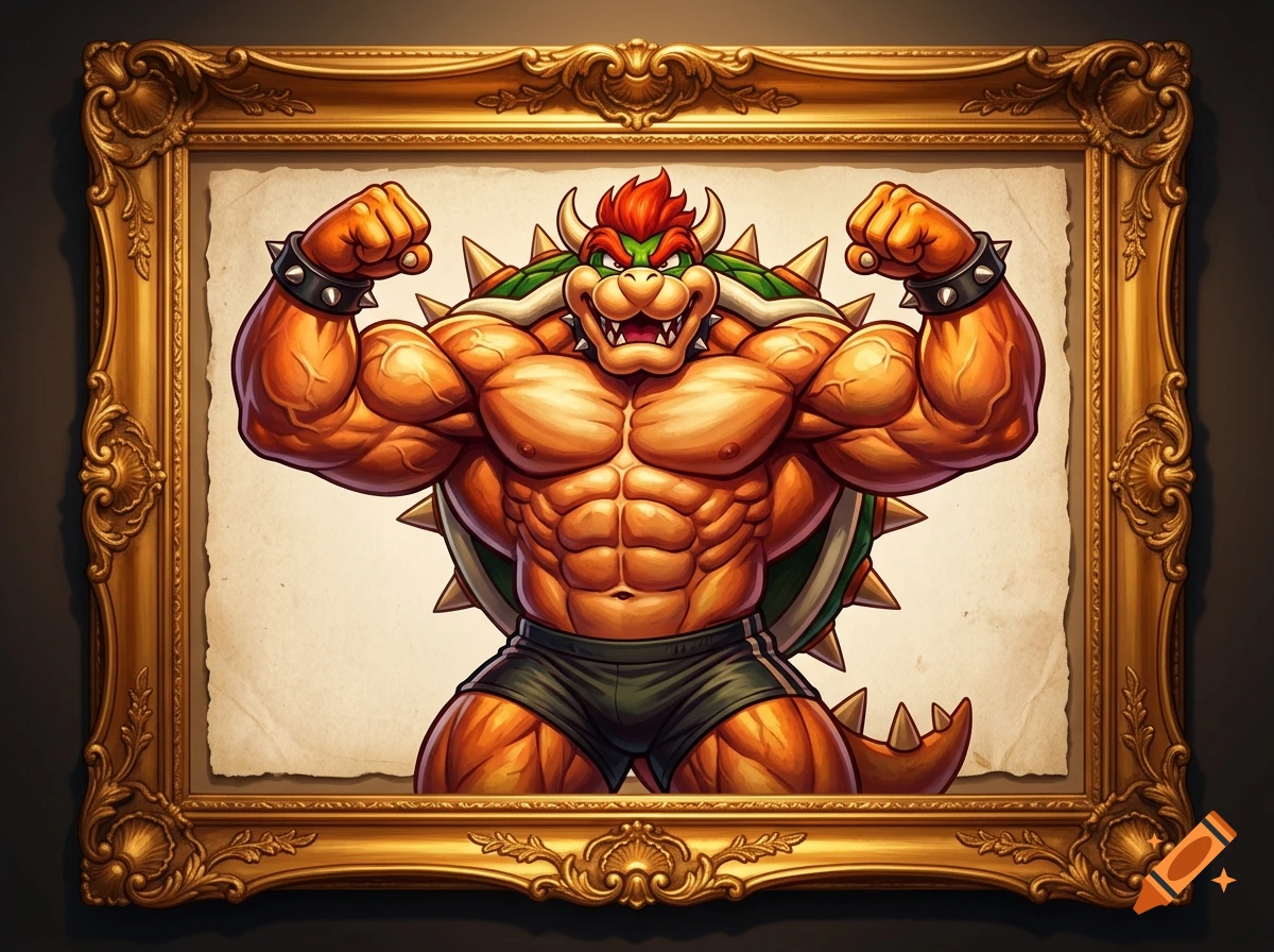 An illustrated, framed portrait of Bowser flexing his massively exaggerated muscles in a bodybuilding pose.