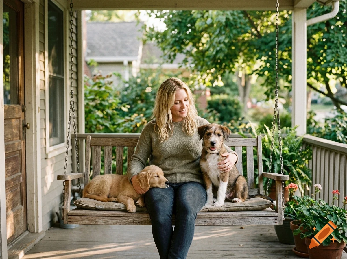 A woman sits on a wooden porch swing with two dogs.