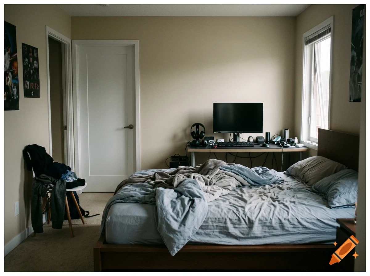 A bedroom interior with a messy bed, desk setup with a computer monitor, and closed white door.