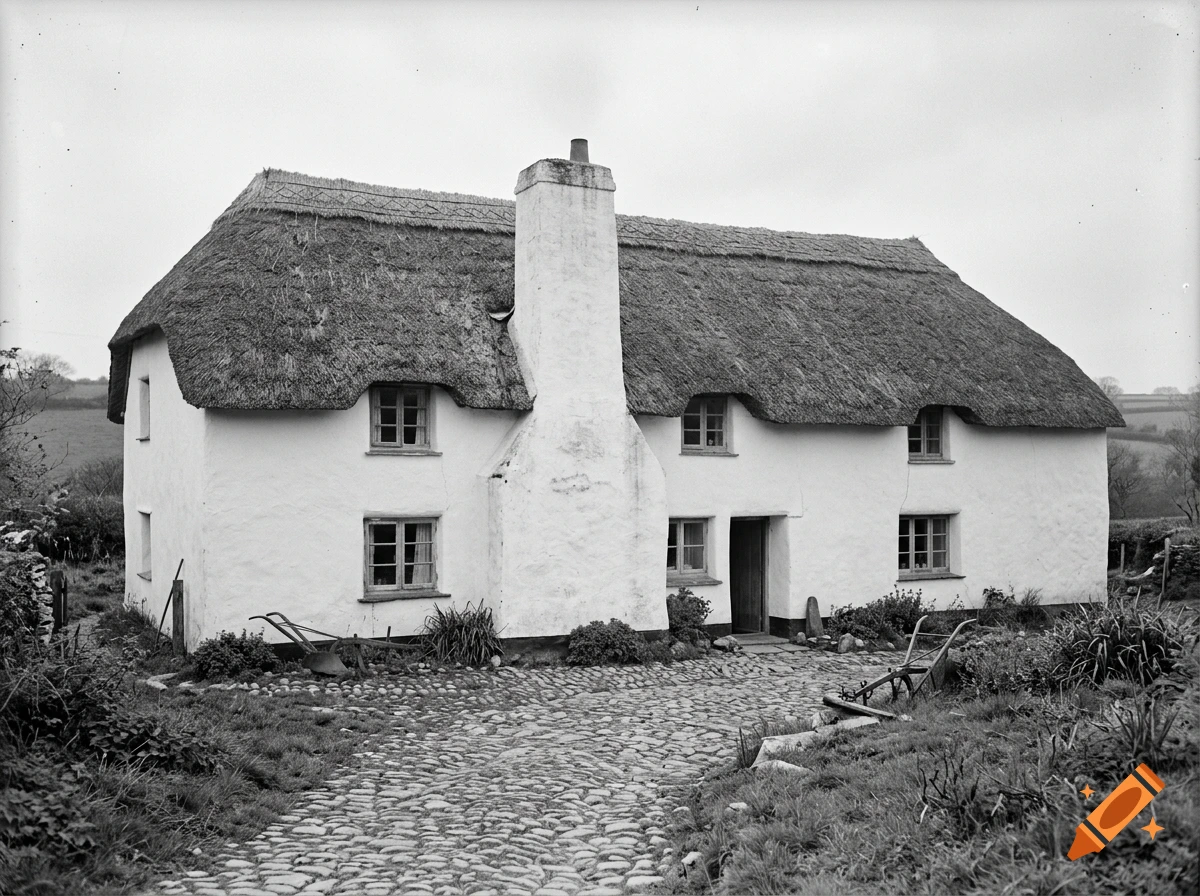 1960s black and white photo of a traditional Devon thatched longhouse with whitewashed cob walls and a stone cobbled courtyard.