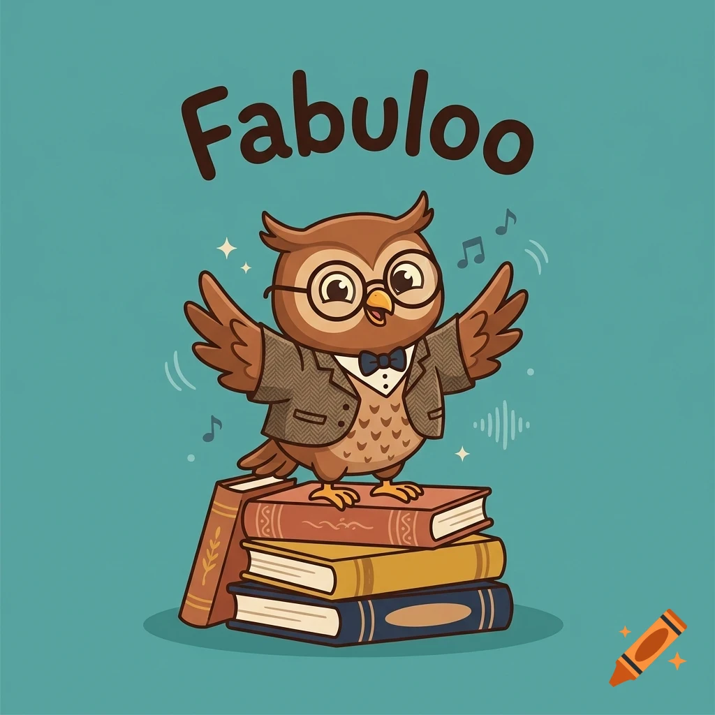 An illustration of a brown owl wearing glasses and a suit jacket, standing on a stack of books with the text "Fabuloo" above it.