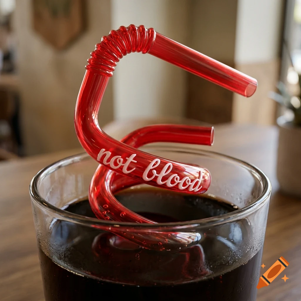 A close-up shot of a glass filled with dark liquid, with a looping red transparent drinking straw inserted that features the white text "not blood".
