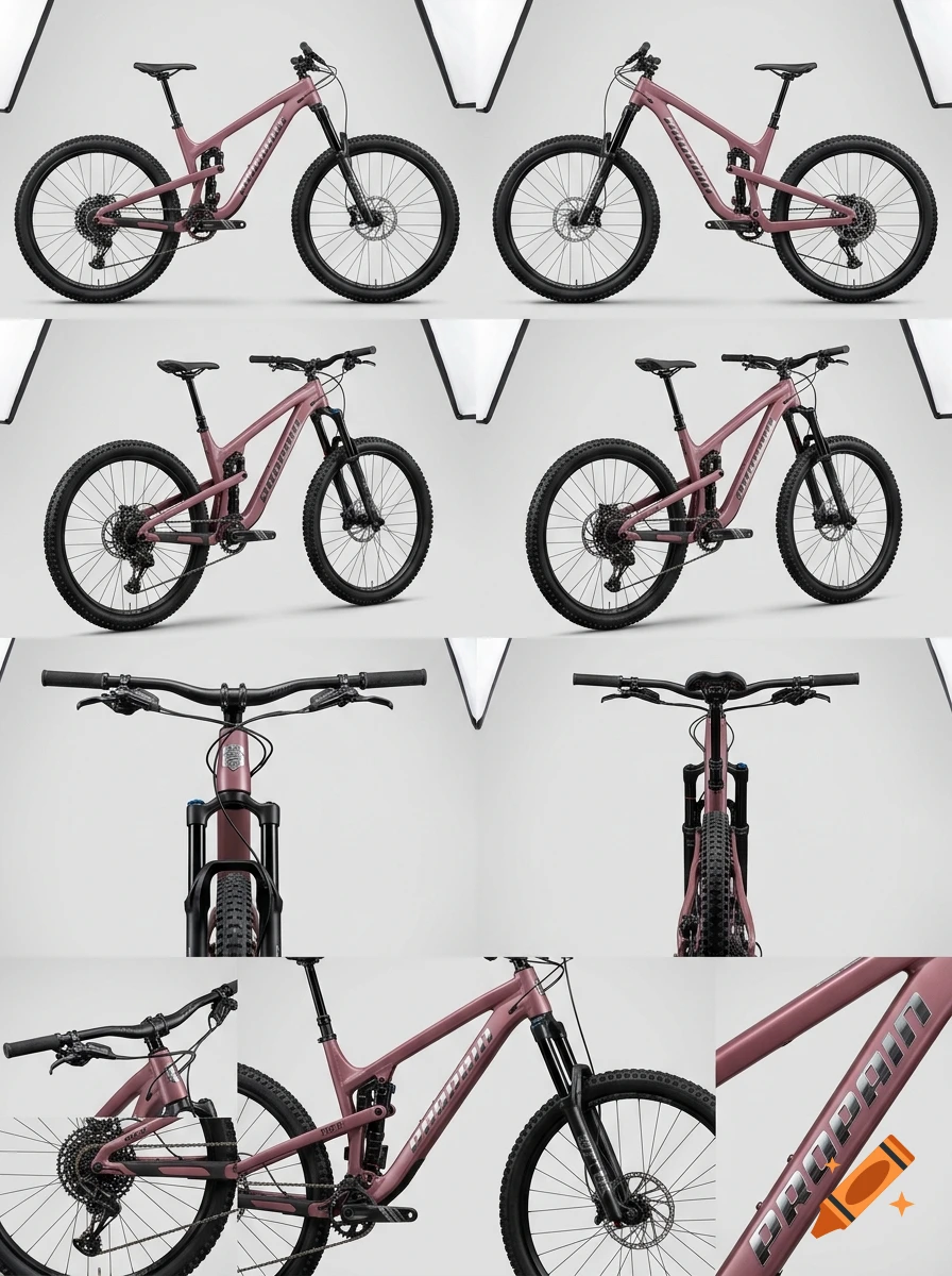 Collage of studio photographs of a pink Propain mountain bike from multiple angles.