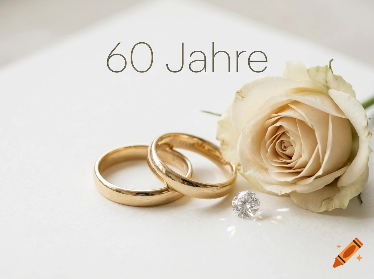 Two gold wedding rings, a diamond, and a cream-colored rose on a white background with text reading 60 Jahre.