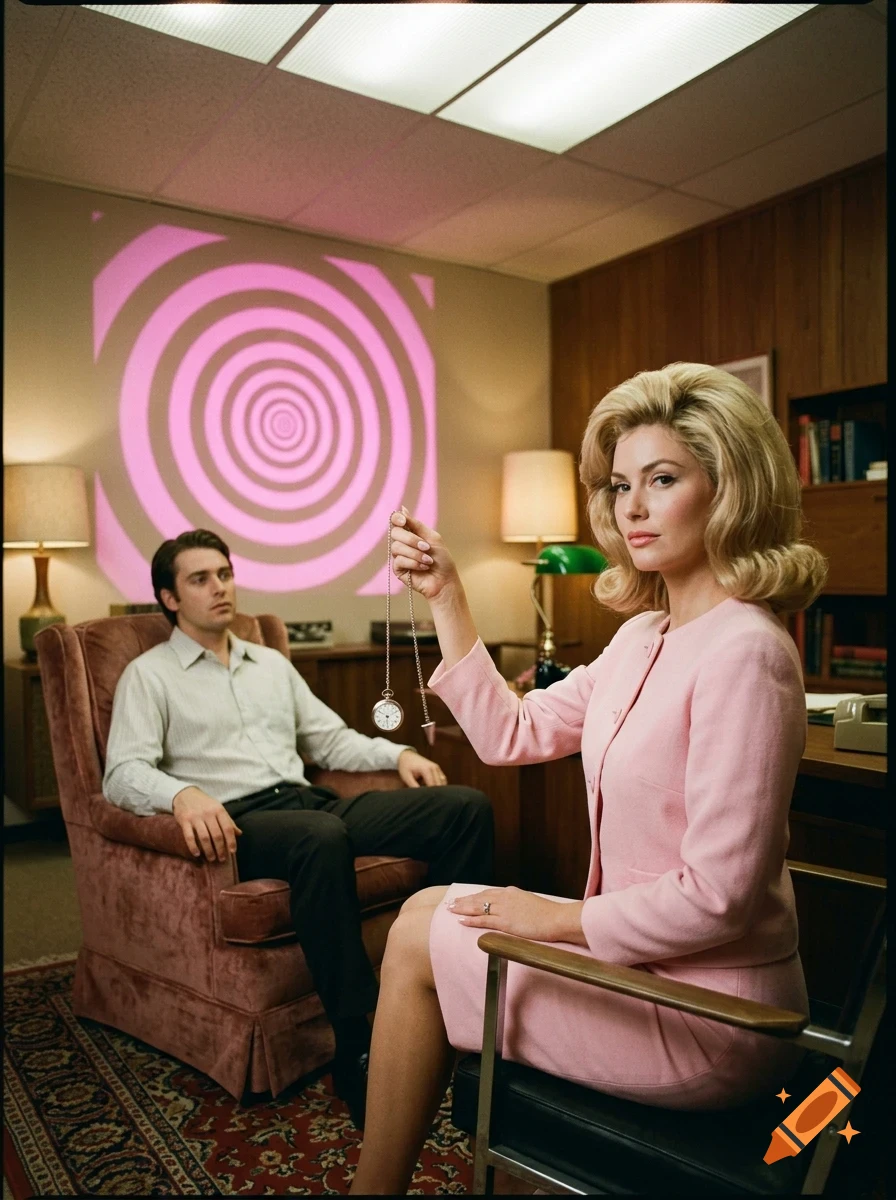 A woman in a pink suit holds a pocket watch on a chain in front of a seated man in an office, with a pink spiral projected on the wall.