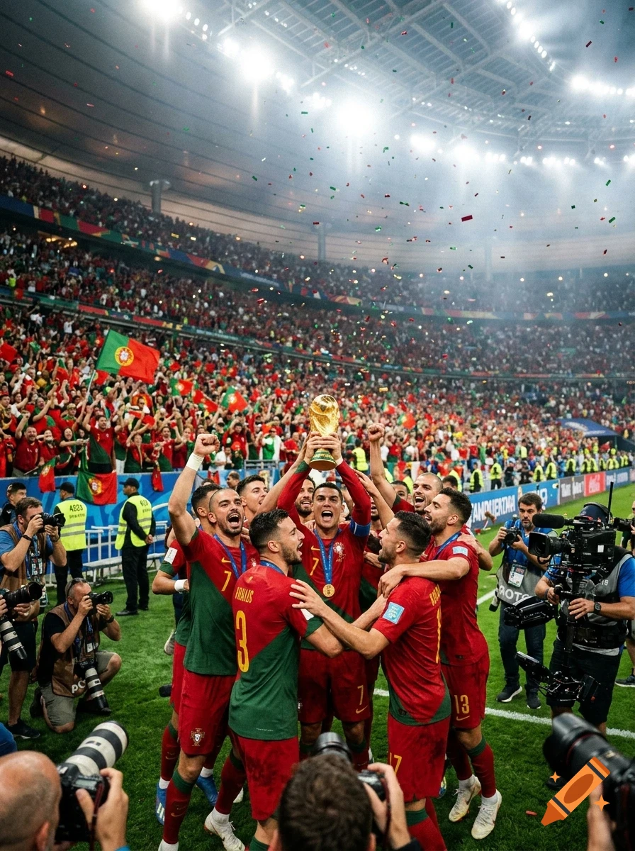 Soccer players in red and green uniforms celebrate a victory on the field, lifting a trophy amidst falling confetti in a packed stadium.