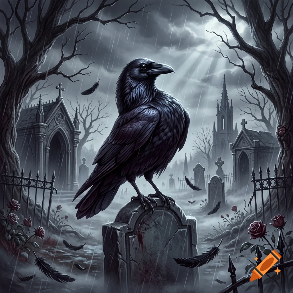 A dark raven perched on a tombstone in a foggy cemetery with gothic architecture and scattered feathers, digital art style.