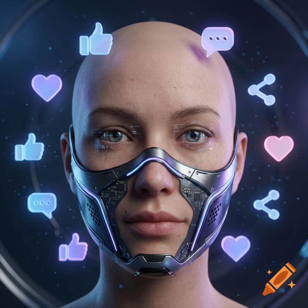 Photorealistic close-up portrait of a bald person wearing a futuristic cyberpunk mask with glowing social media icons floating around them.