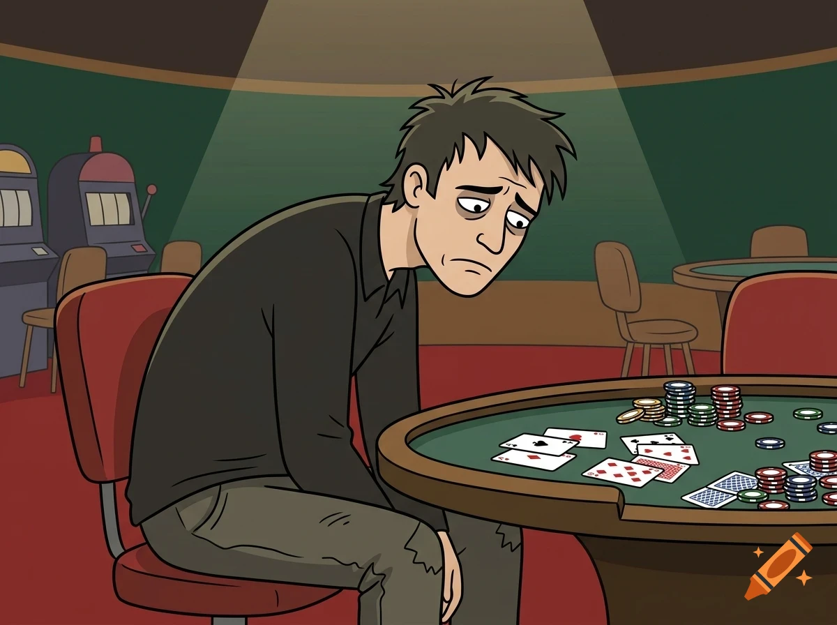 A tired, sad-looking man sitting slumped over a poker table in a casino with cards and chips.