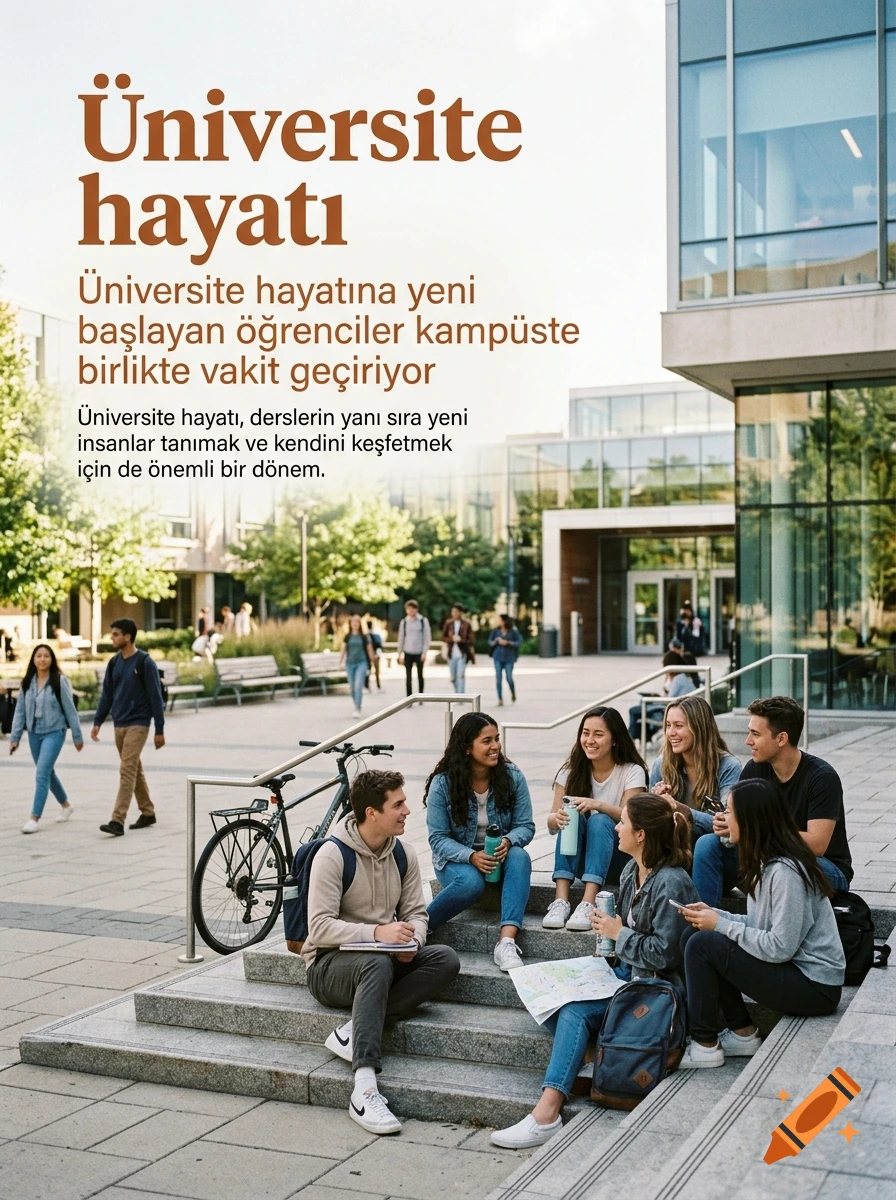 Photorealistic image of university students socializing on campus stairs with Turkish text overlaid.