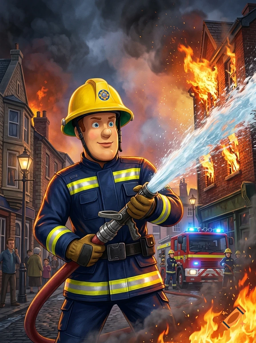 A cartoon firefighter in a yellow helmet and dark uniform spraying water from a hose on a burning building in a street.