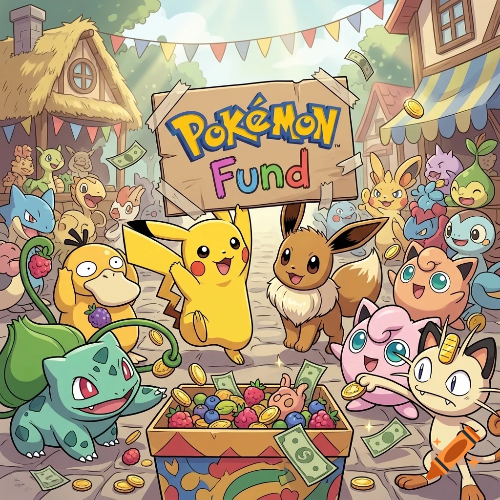 A colorful cartoon illustration of Pikachu, Eevee, and other Pokemon characters holding a handmade sign that reads Pokemon Fund, standing around a box filled with coins and fruit on a cobblestone street.