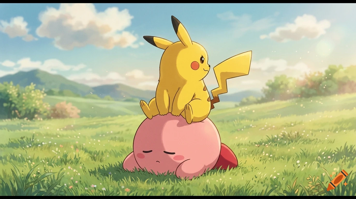 Pikachu sitting on top of a sleeping Kirby in a sunny grassy field.