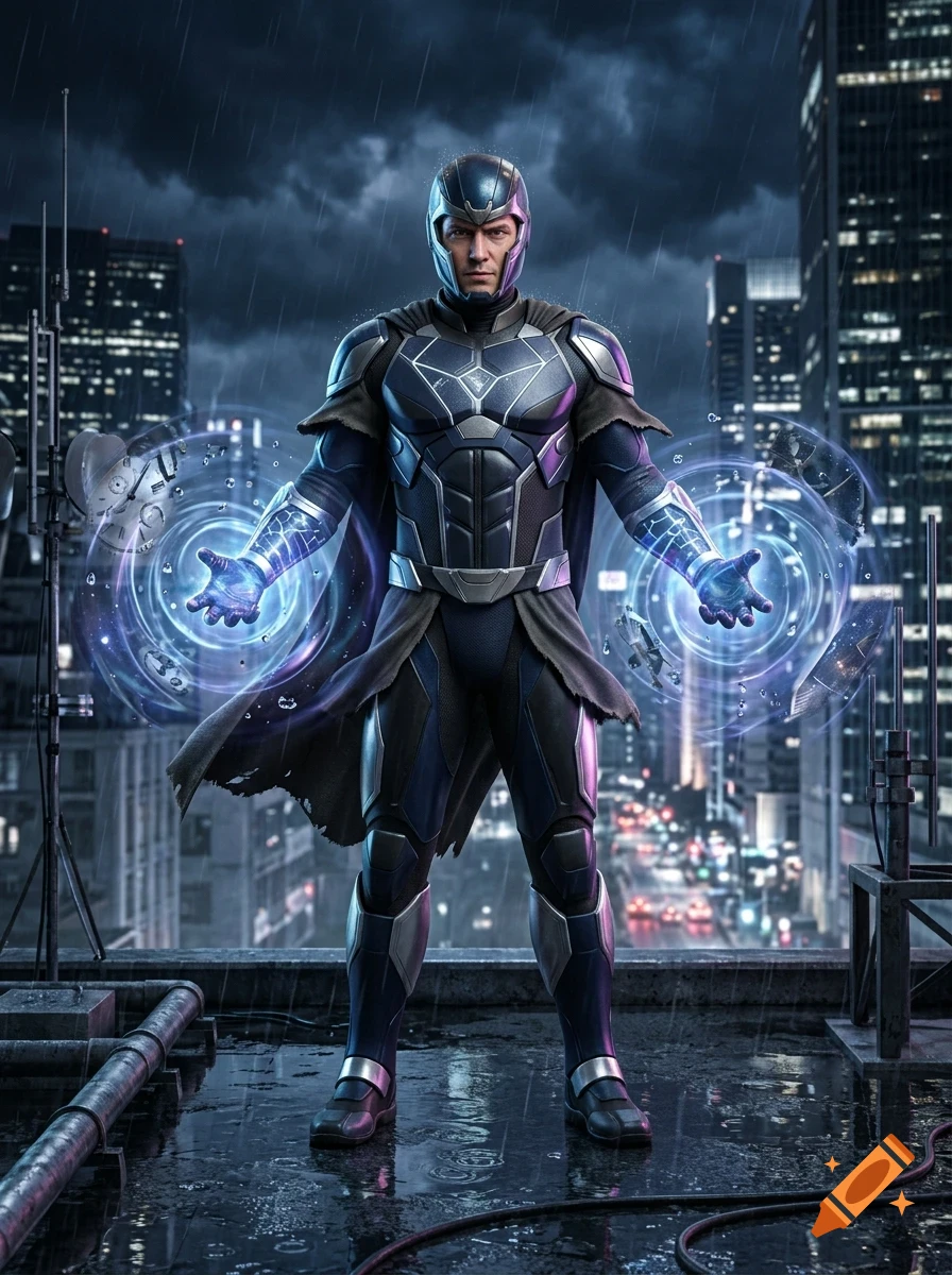 A superhero character in futuristic armor stands on a rainy city rooftop, glowing energy swirling around his hands.