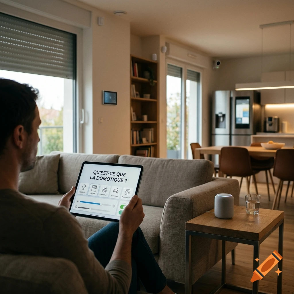 Man sitting on a sofa in a modern living room, holding a tablet displaying home automation controls.