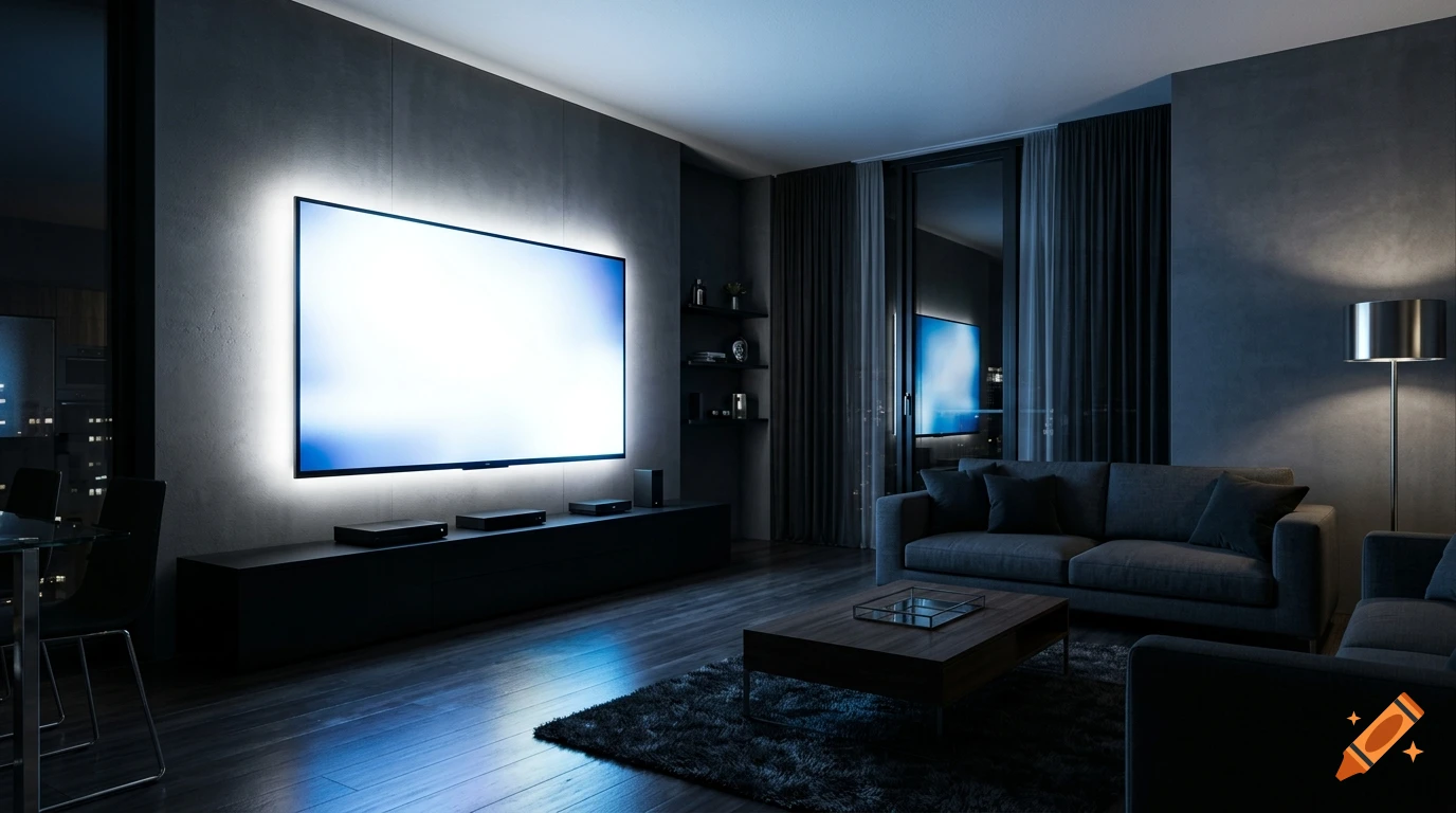 A modern, dark living room featuring a massive glowing smart TV illuminating the space.