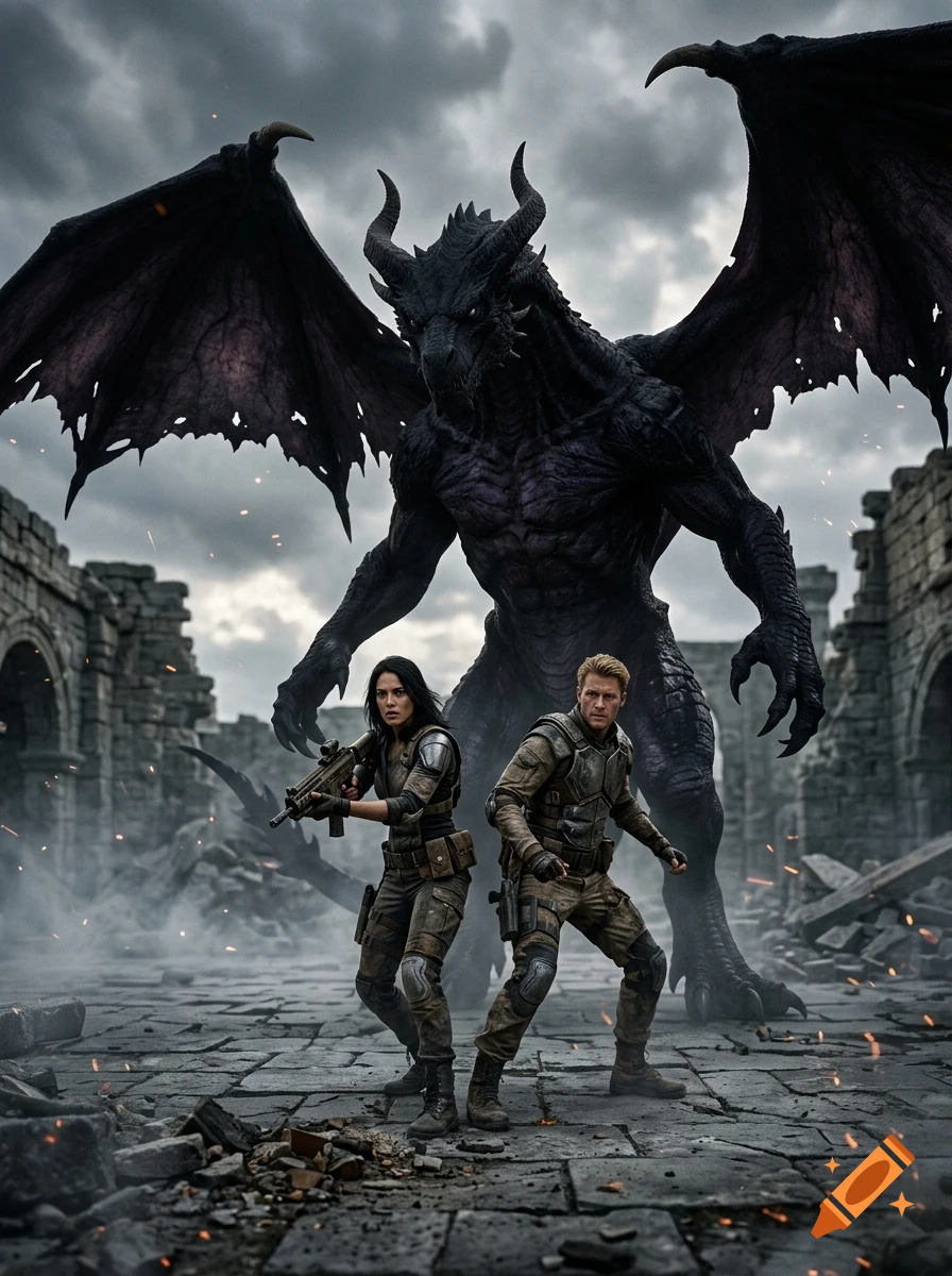 Photorealistic scene of a dark-haired woman and blond man in combat gear fighting a large black dragon among stone ruins.
