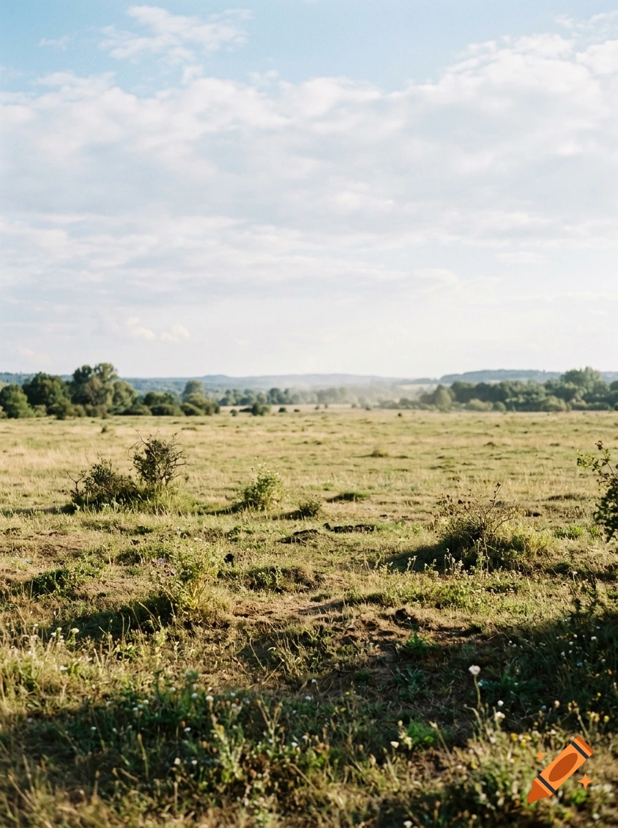 A photograph of a vast grassy field under a partly cloudy sky with distant trees on the horizon.
