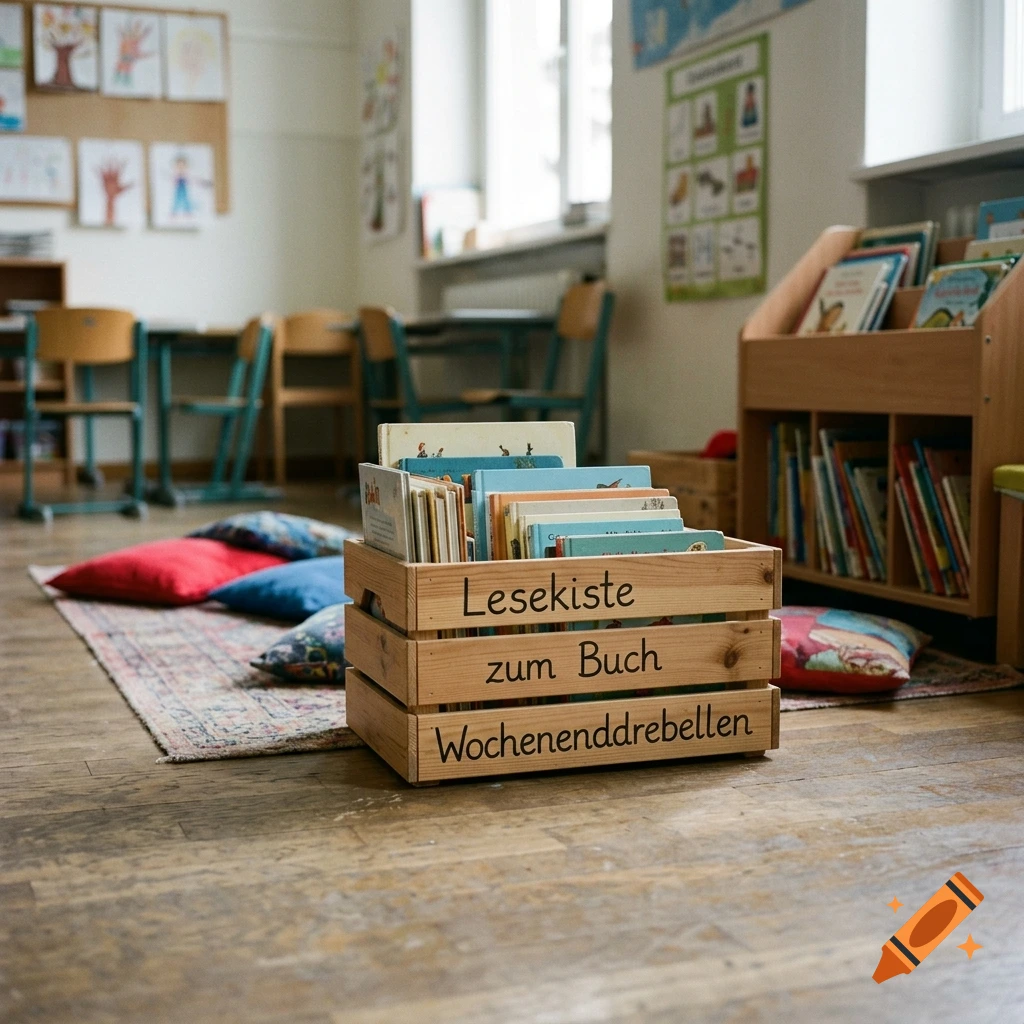 A wooden crate labeled Lesekiste zum Buch Wochenendrebellen filled with children's books in a classroom.