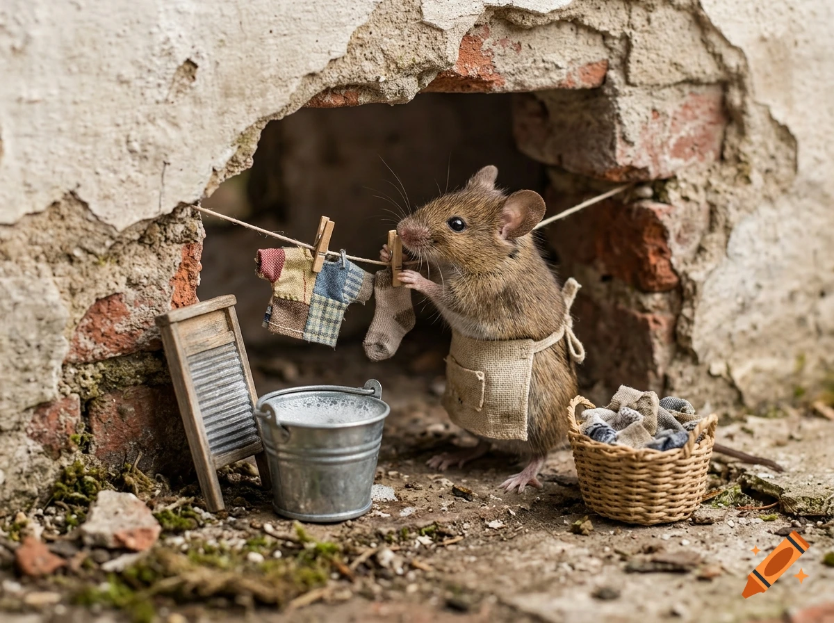 Photorealistic image of a small mouse wearing an apron doing laundry, hanging clothes on a tiny clothesline outside its brick wall home.
