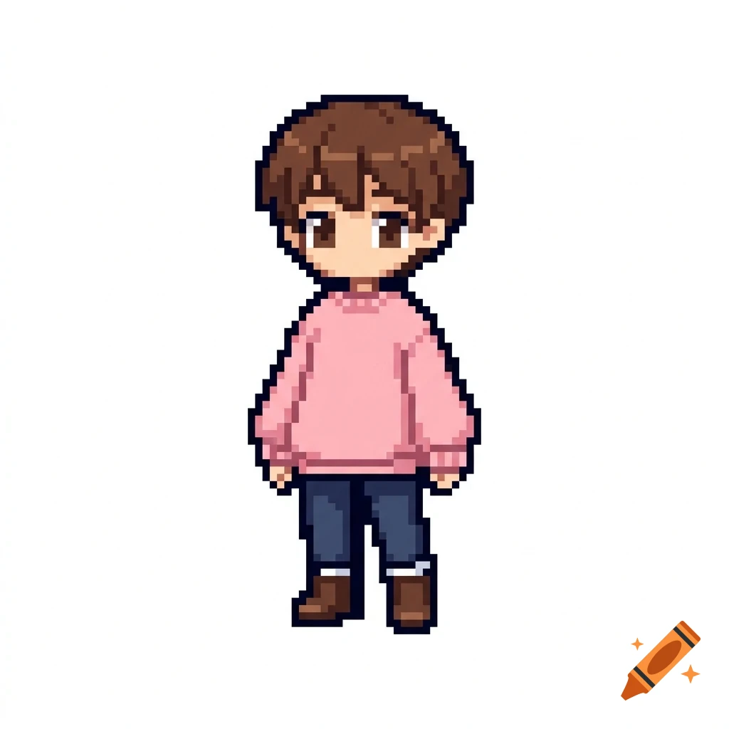 Pixel art of a young person with brown hair, wearing a pink sweater and dark pants against a white background.