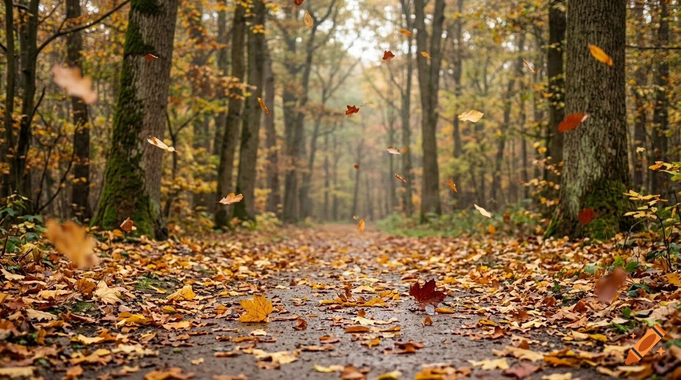 A path in a forest during autumn with colorful leaves falling and covering the ground.
