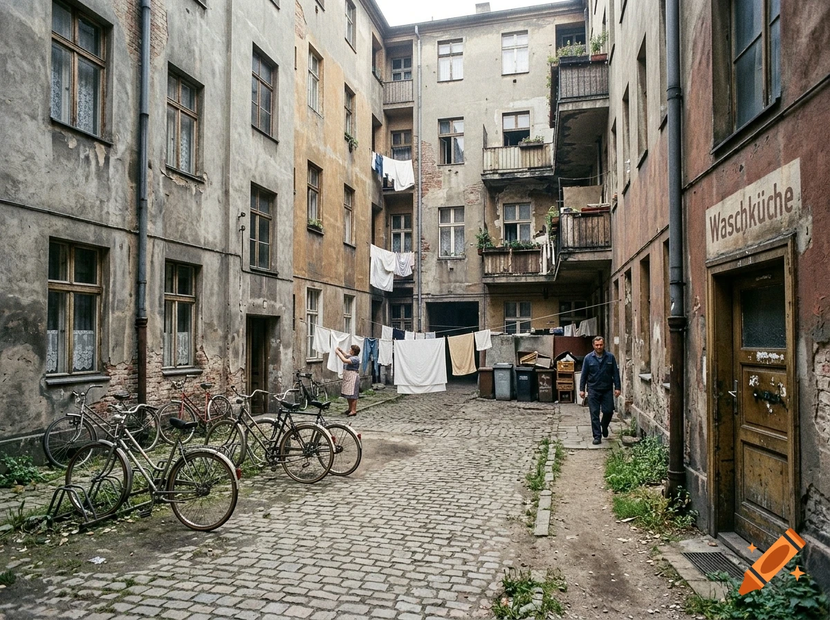 An old cobblestone courtyard surrounded by apartment buildings, with parked bicycles, hanging laundry, and a person walking.
