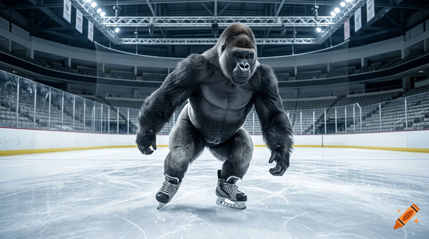 Photorealistic gorilla wearing ice skates and skating on an indoor hockey rink.
