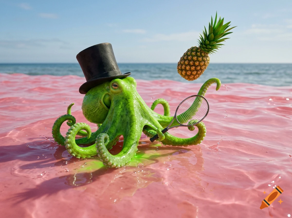 Photorealistic image of a green octopus wearing a top hat playing tennis with a pineapple on a pink gelatin beach.