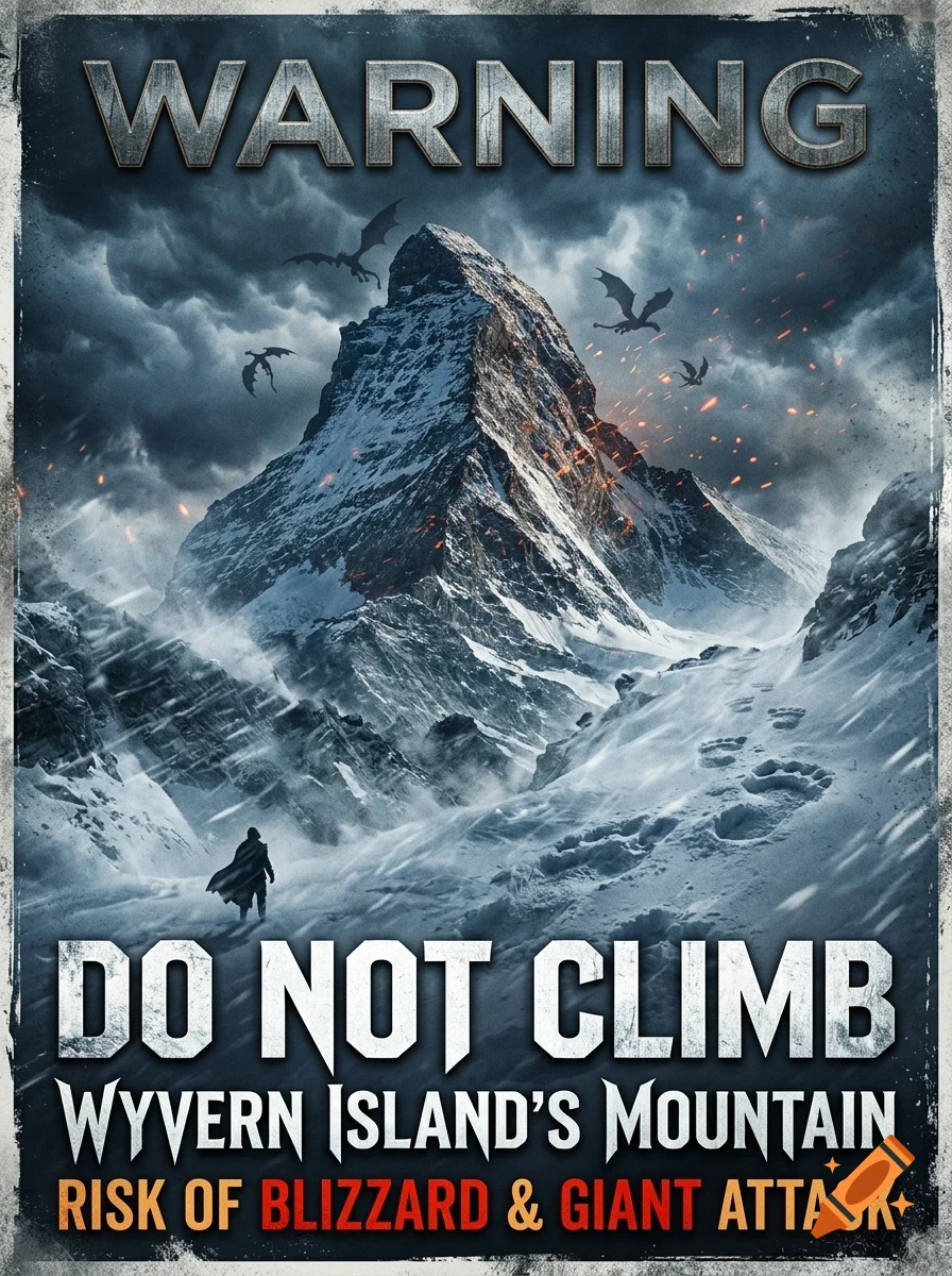 A poster depicting a snow-covered mountain with flying dragons, a lone figure, and warning text reading DO NOT CLIMB.