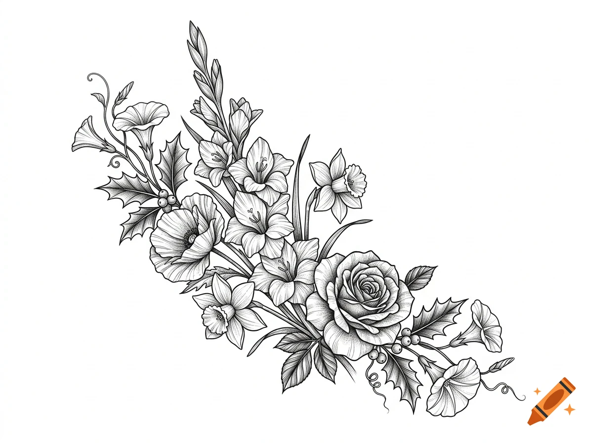 A detailed black and white pencil illustration of a floral arrangement featuring roses, daffodils, and other botanical elements.