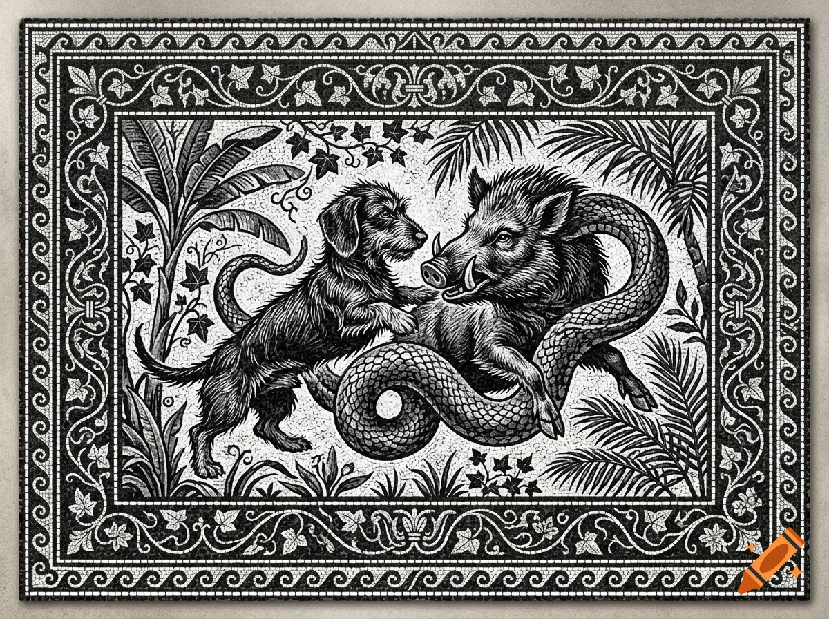A detailed black and white mosaic illustration depicting a scene with a dog facing a wild boar wrapped by a snake, surrounded by tropical foliage and enclosed within an ornate decorative border.
