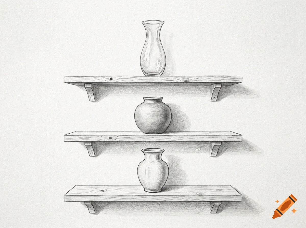 Pencil drawing of three wooden floating shelves mounted on a white wall, each holding a different ceramic vase.